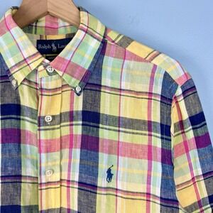Ralph Lauren Mens M Custom Fit 100% Linen Colorful Plaid Button Down Pony Shirt‎